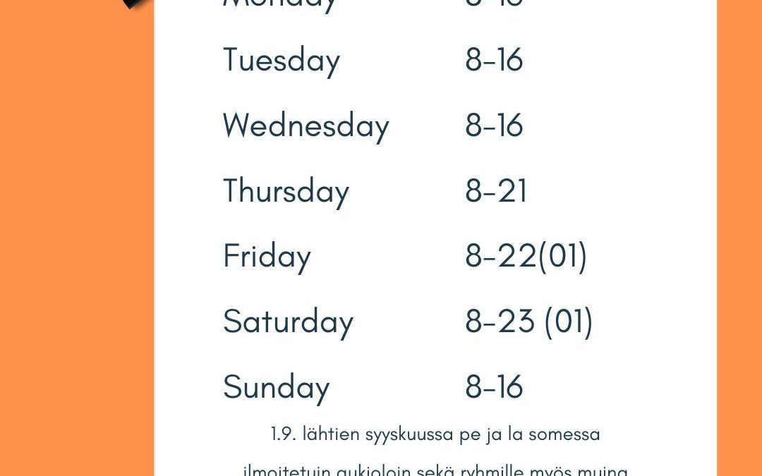 Aukioloajat 24.8.-31.8.2025 ja 1.9. jälkeen