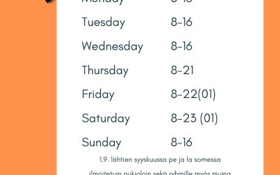 Aukioloajat 24.8.-31.8.2025 ja 1.9. jälkeen